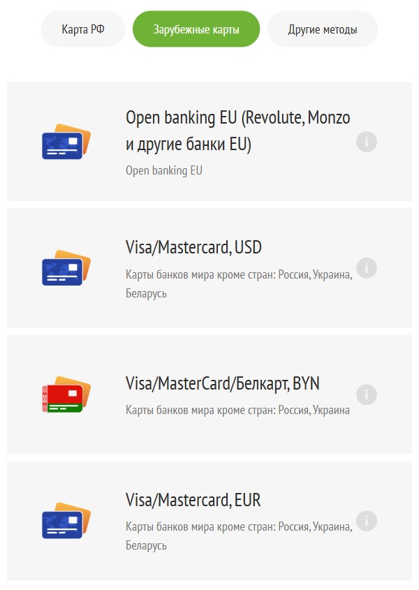 Страница оплаты Продамус, открыта вкладка «Зарубежные карты»: Open banking EU, Visa и Mastercard в долларах, Visa, MasterCard и Белкарт в белорусских рублях, Visa и Mastercard в евро