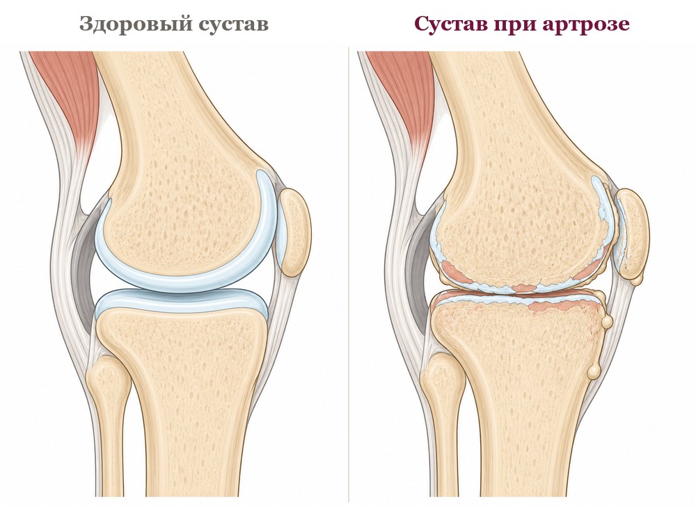 Здоровый коленный сустав и сустав при артрозе: сравнение в разрезе