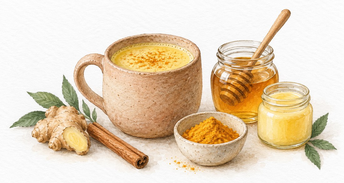 Чашка золотого молока с куркумой, корица, имбирь, мёд и гхи