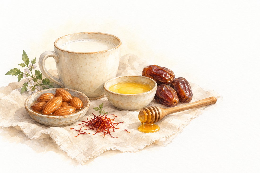 Чашка тёплого молока, миска гхи, миндаль, финики, мёд и шафран на льняной ткани в тёплом свете