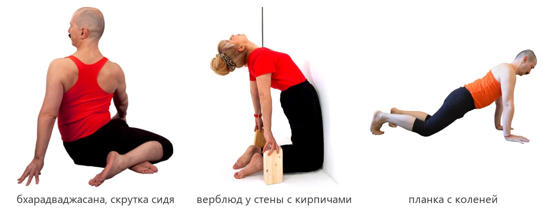 Бхарадваджасана, верблюд у стены с кирпичами и планка с коленей для грудного отдела