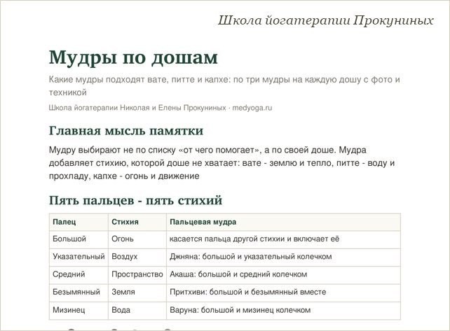 Памятка школы йогатерапии: Мудры по дошам