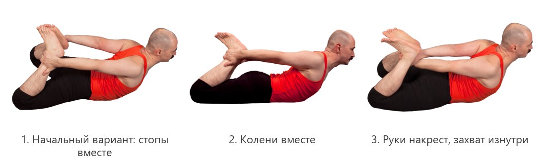 Три ступени дханурасаны: стопы вместе, колени вместе, руки накрест с захватом изнутри