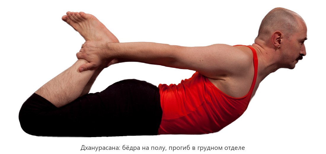 Поза лука, дханурасана: лёжа на животе, руки держат лодыжки, бёдра на полу, прогиб в грудном отделе