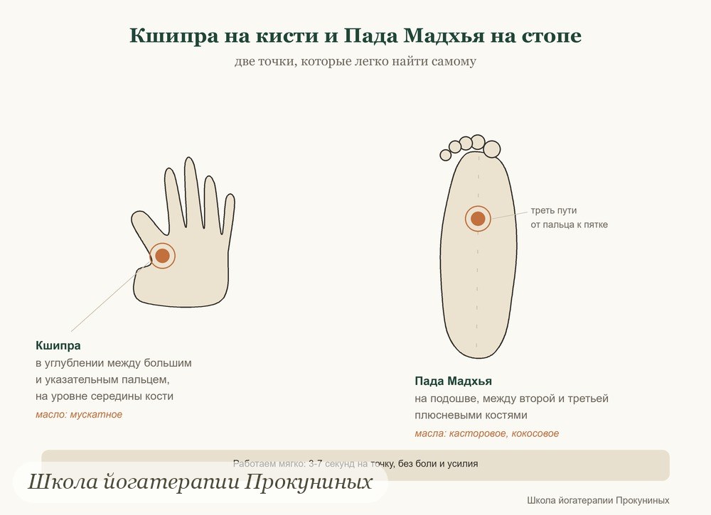 Схема: марма-точки Кшипра на кисти и Пада Мадхья на стопе