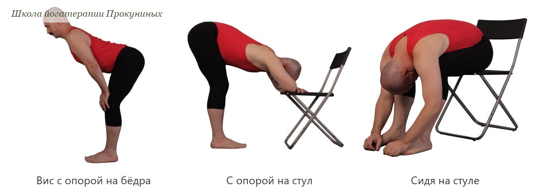 Уттанасана с опорой на бёдра, на стул и сидя на стуле