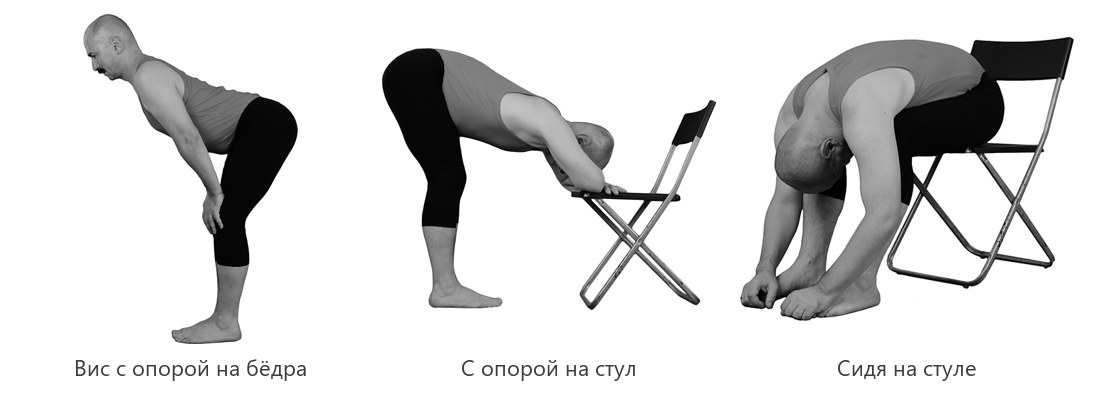 Уттанасана с опорой на бёдра, на стул и сидя на стуле