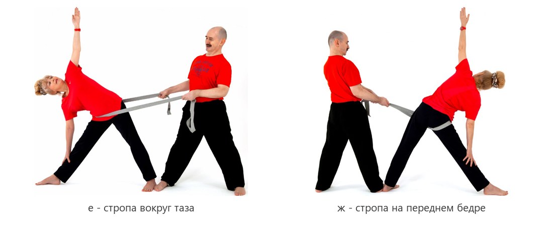 Триконасана с партнёром: стропа вокруг таза и на переднем бедре