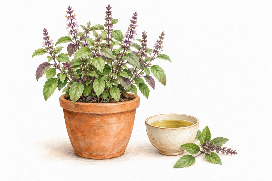 Куст тулси с зелёно-фиолетовыми листьями и лиловыми колосками соцветий в глиняном горшке, рядом чашка чая тулси