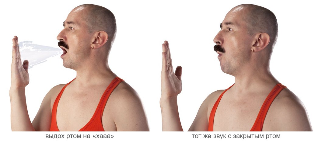 Уджайи, этап 1: выдох ртом со звуком хааа и тот же звук с закрытым ртом