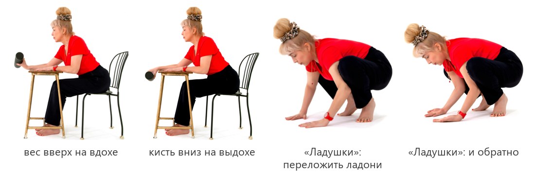 Укрепление запястий с гантелью у стола и компенсация «Ладушки» на корточках