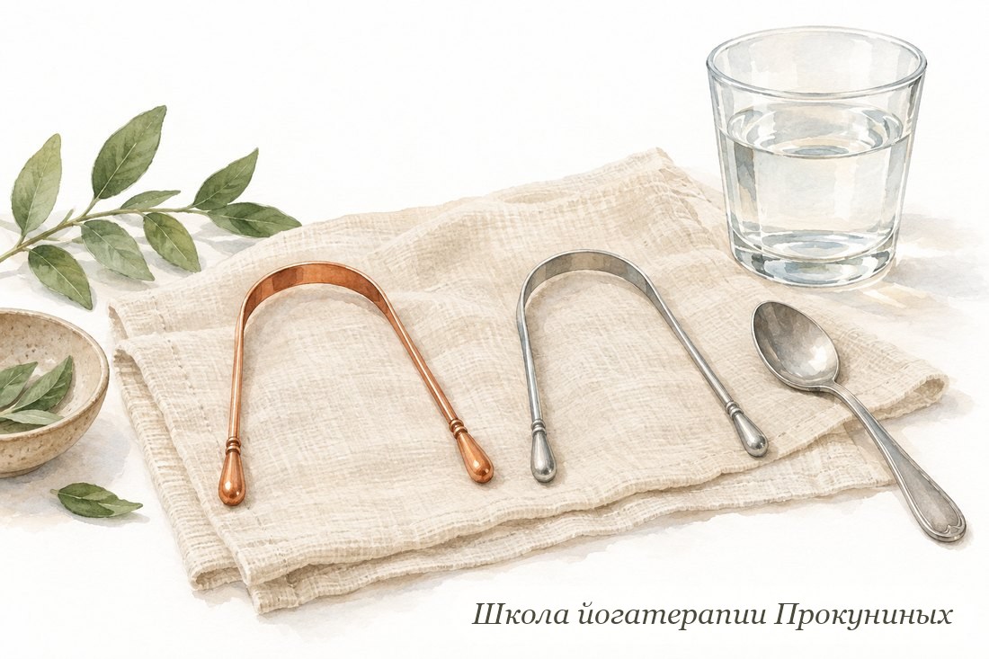 Медный и стальной скребки для языка в форме подковы, чайная ложка и стакан воды
