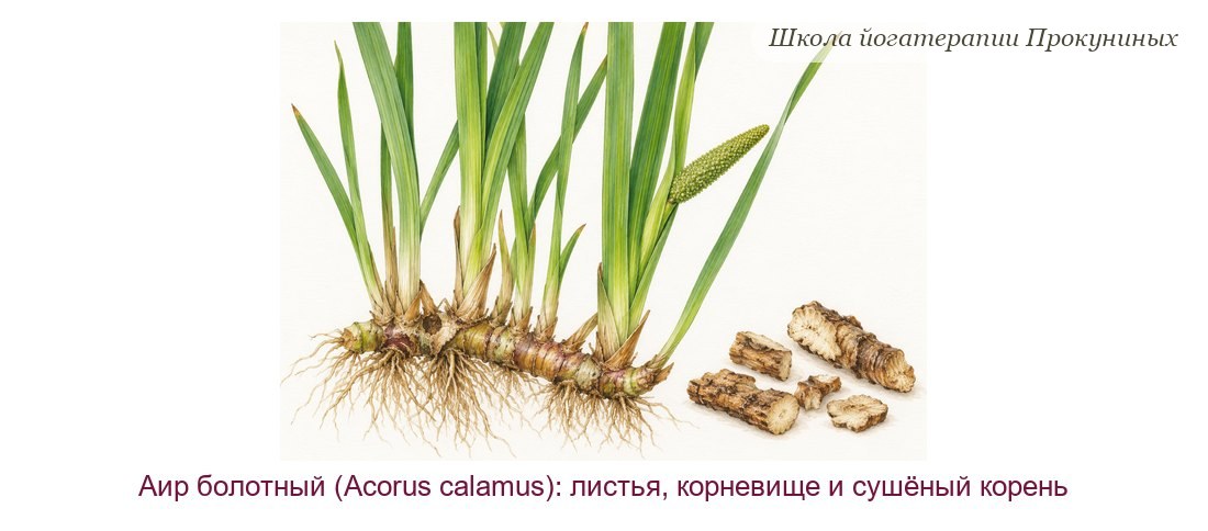 Аир болотный акварелью: высокие мечевидные листья, толстое корневище с корнями, зелёный початок и сушёные куски корня