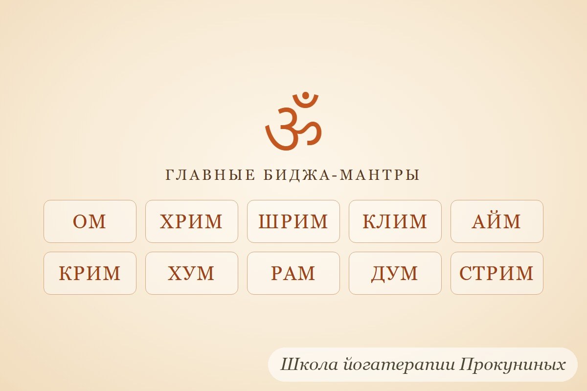 Главные биджа-мантры: ОМ, ХРИМ, ШРИМ, КЛИМ, АЙМ, КРИМ, ХУМ, РАМ, ДУМ, СТРИМ