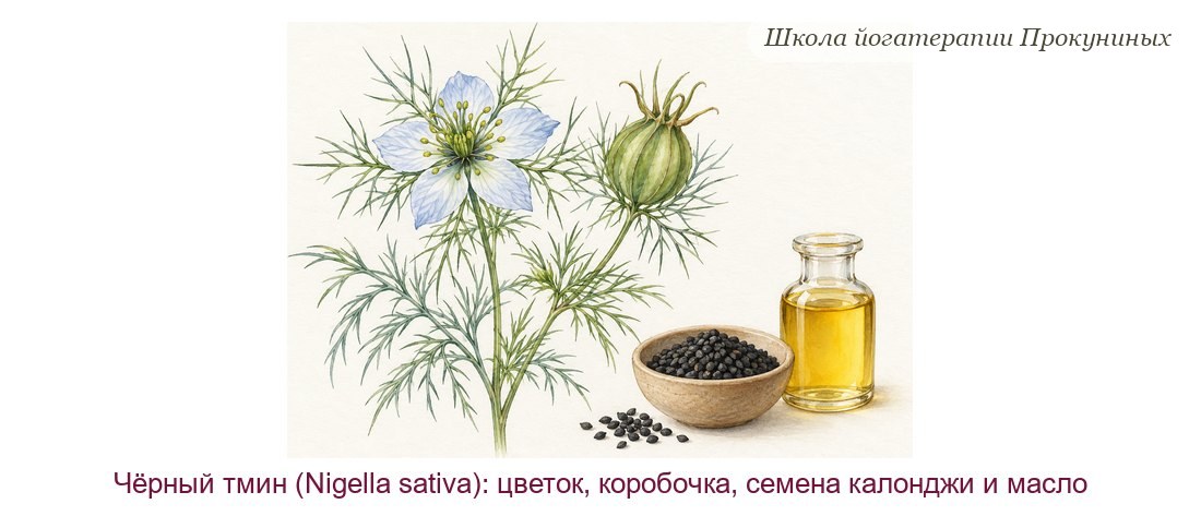 Чёрный тмин акварелью: голубой цветок нигеллы, коробочка, чёрные семена калонджи в чаше и бутылочка масла