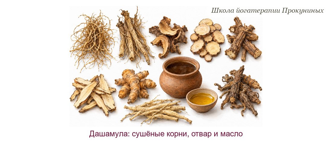 Дашамула акварелью: пучки сушёных корней и ломтики корней, глиняный горшок с отваром и чашка масла