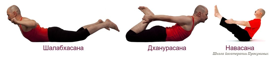 Три асаны при диабете: шалабхасана, дханурасана и навасана, мужчина в красной майке на белом фоне