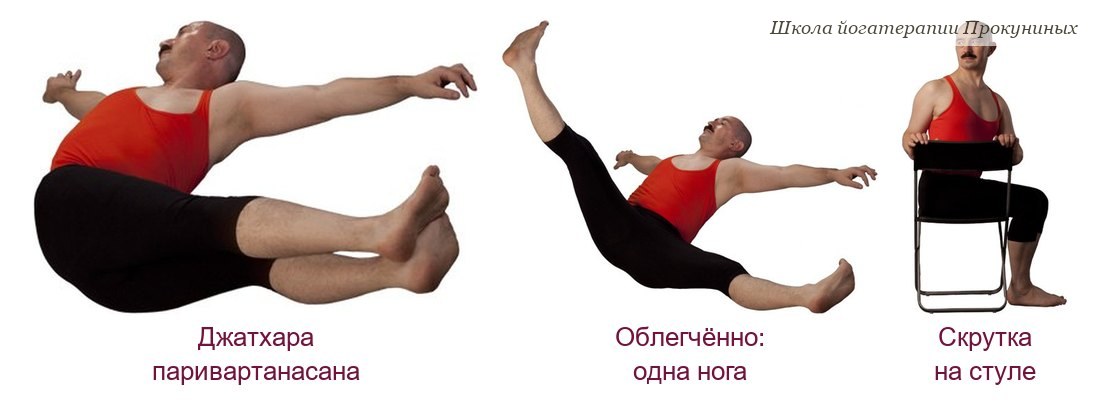 Скрутки для органов живота: джатхара паривартанасана с двумя ногами, облегчённый вариант с одной ногой и скрутка сидя на стуле