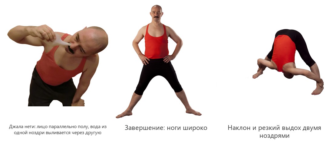 Джала нети и завершение процедуры: наклоны с резким выдохом через нос