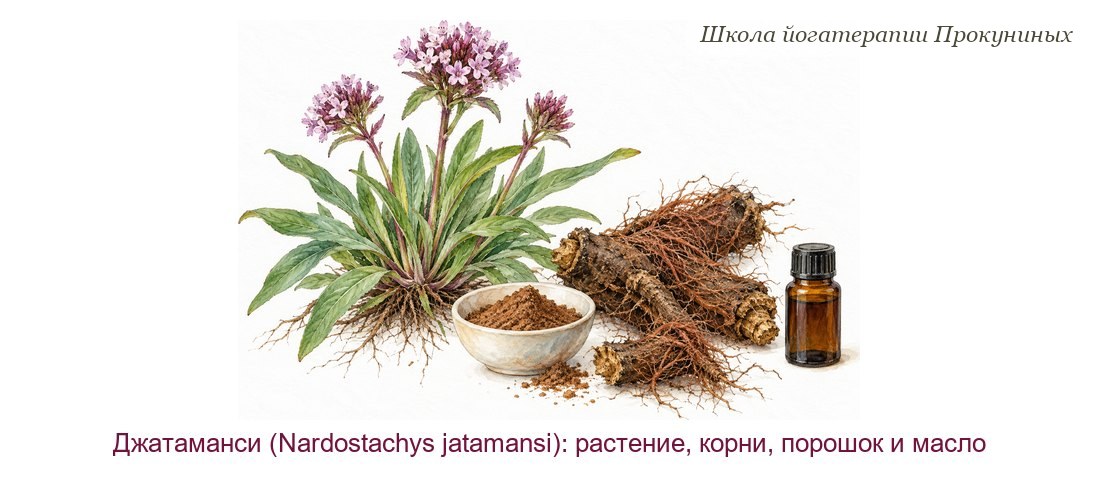Джатаманси акварелью: гималайское растение с розовыми цветками, мохнатые бурые корневища, миска порошка и флакон масла