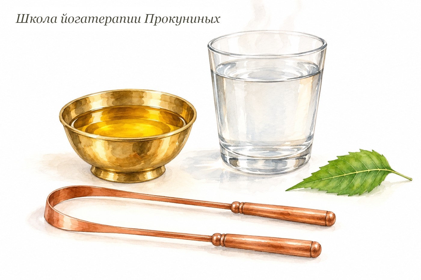Акварель: латунная чаша с кунжутным маслом, медный скребок для языка и стакан тёплой воды