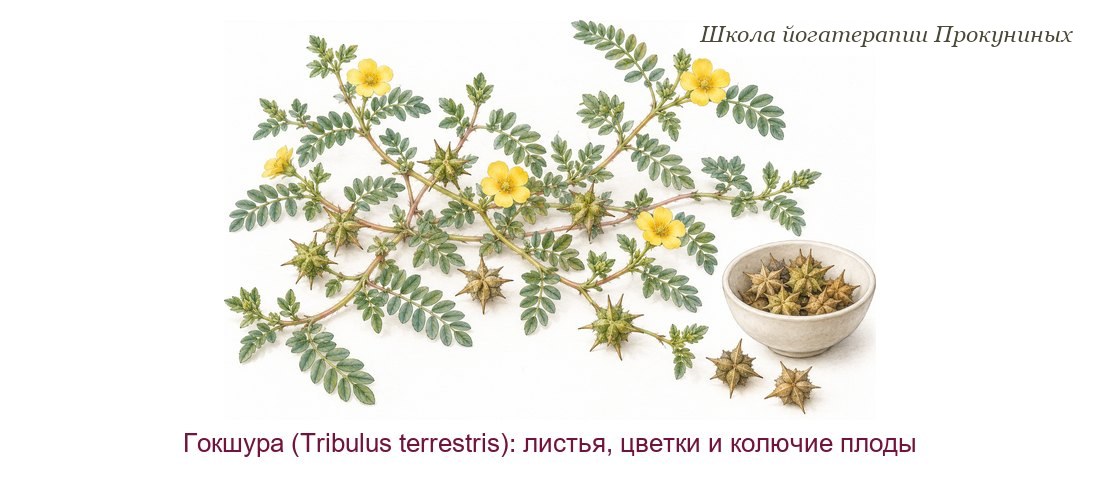 Гокшура акварелью: стелющиеся стебли с перистыми листьями, жёлтые цветки и колючие звёздчатые плоды в чаше