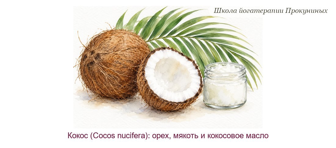 Кокос акварелью: целый орех, расколотый орех с белой мякотью, пальмовый лист и баночка белого кокосового масла