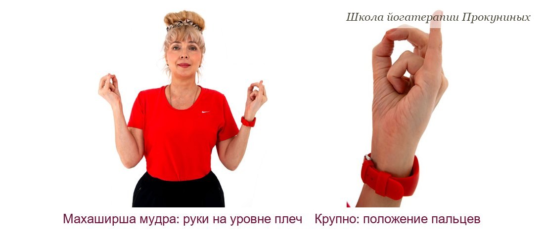 Елена Прокунина в Махаширша мудре: большой, указательный и средний пальцы соединены кончиками, безымянный согнут к ладони, мизинец вытянут