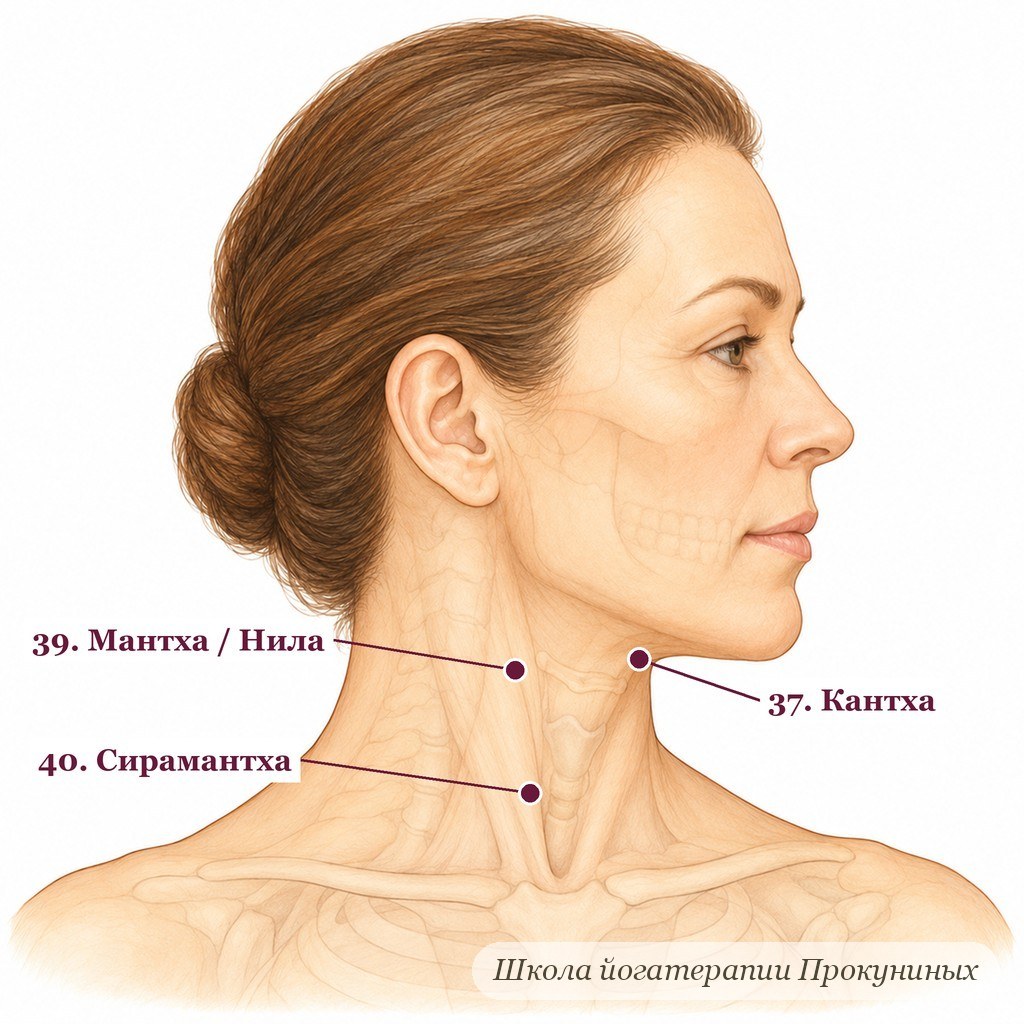 Марма-точки шеи: Кантха над подъязычной костью, Мантха на переднем краю крупной мышцы шеи, Сирамантха внизу шеи