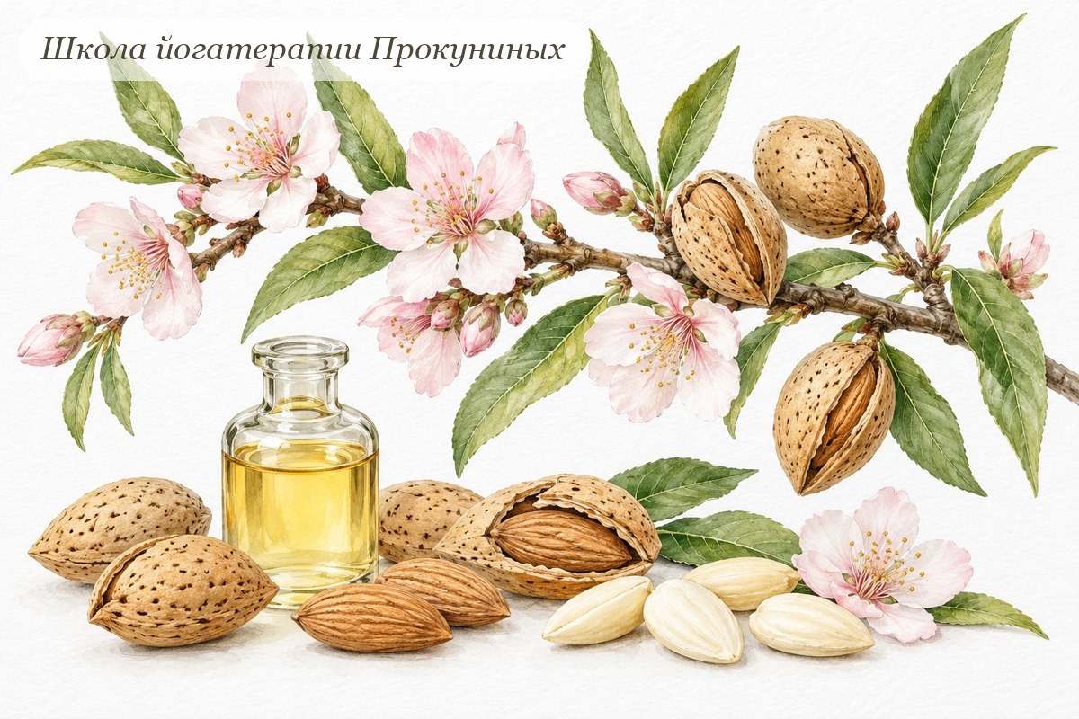 Акварель: цветущая ветка миндаля, орехи в скорлупе, очищенный миндаль и бутылочка масла