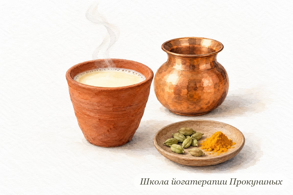 Акварель: глиняная чашка тёплого молока с паром, медный кувшинчик, кардамон и куркума на блюдце