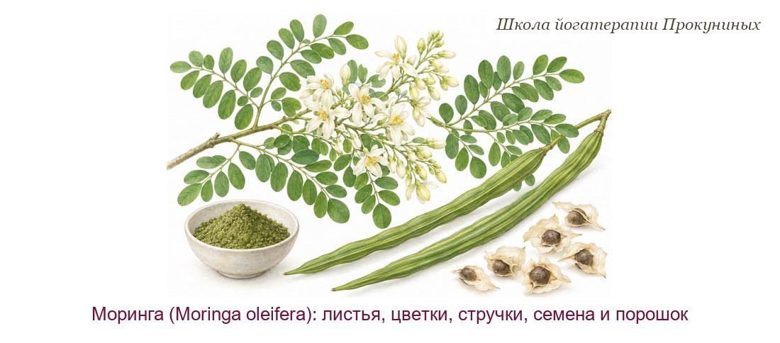 Моринга акварелью: ветка с перистыми листьями и белыми цветками, длинные зелёные стручки, крылатые семена и чаша зелёного порошка