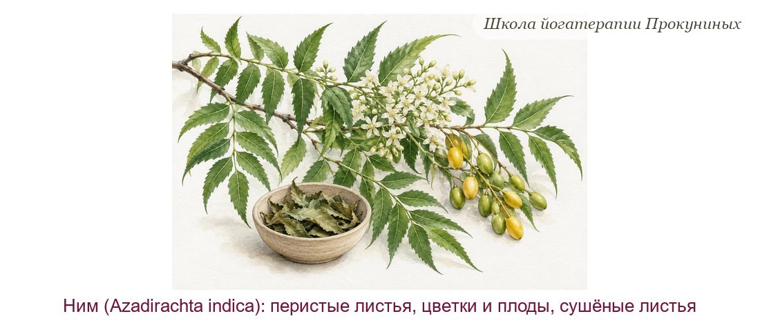Ним (Azadirachta indica) акварелью: ветка с перистыми листьями, белые цветки, зелёные и жёлтые плоды, чаша с сушёными листьями
