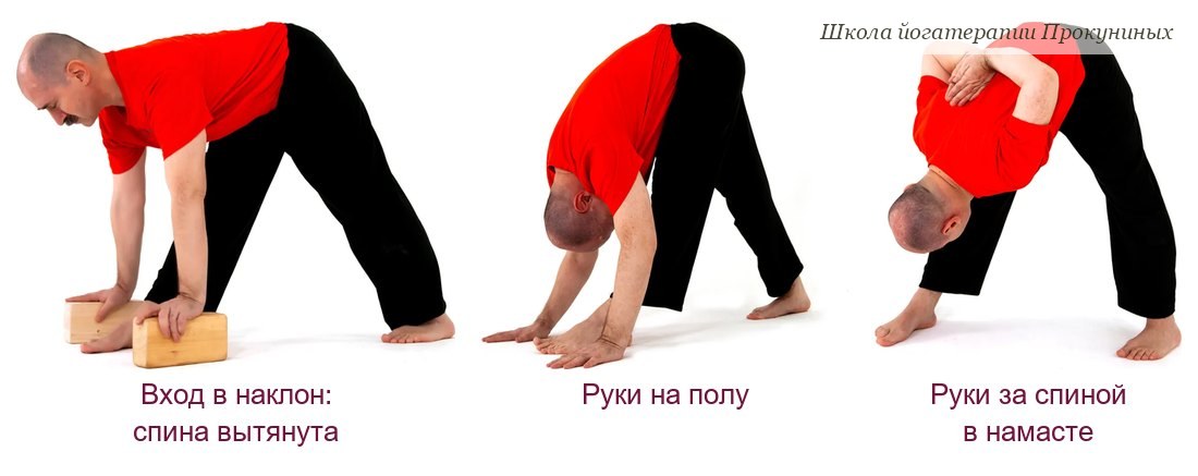 Паршвоттанасана: вход в наклон с ладонями на кирпичах и вытянутой спиной, руки на полу, руки за спиной в намасте