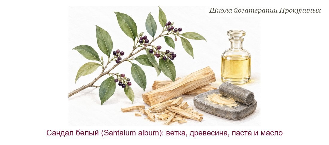 Сандал акварелью: ветка Santalum album с ягодами, светлые сандаловые палочки и щепа, каменная тёрка с пастой и флакон масла