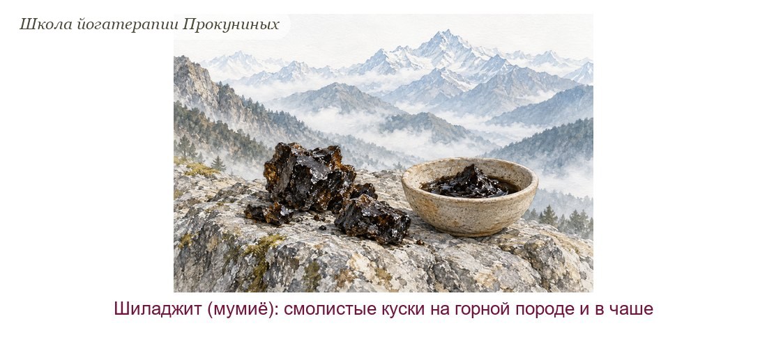 Шиладжит акварелью: глянцевые чёрно-бурые куски смолы на горном камне и в чаше на фоне Гималаев