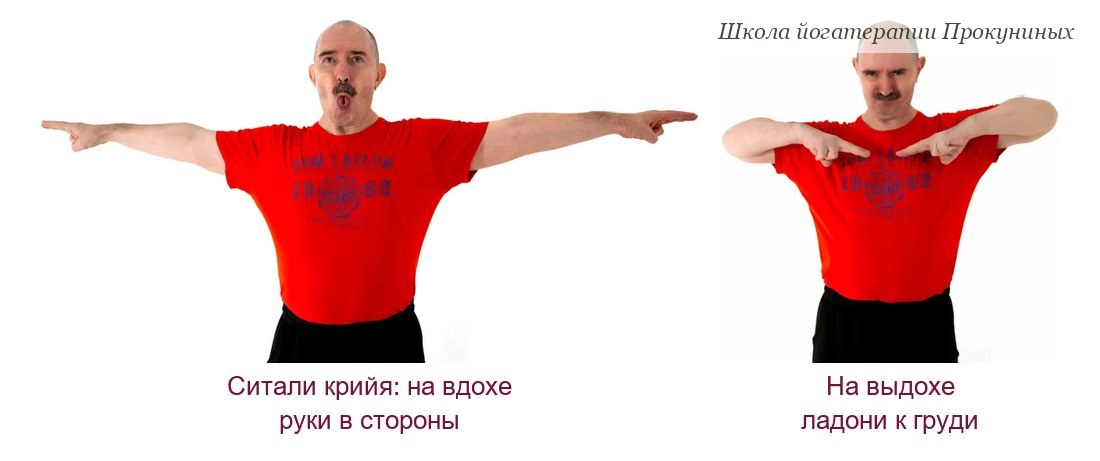 Ситали крийя: на вдохе руки раскинуты в стороны, на выдохе ладони в прана мудре у груди