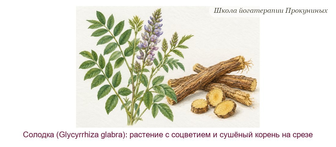 Солодка акварелью: растение с перистыми листьями и сиреневым соцветием, сушёные корни и срезы корня