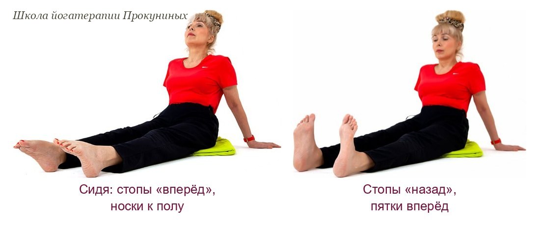 Елена Прокунина сидит на полу с прямыми ногами: стопы вытянуты вперёд и стопы на себя