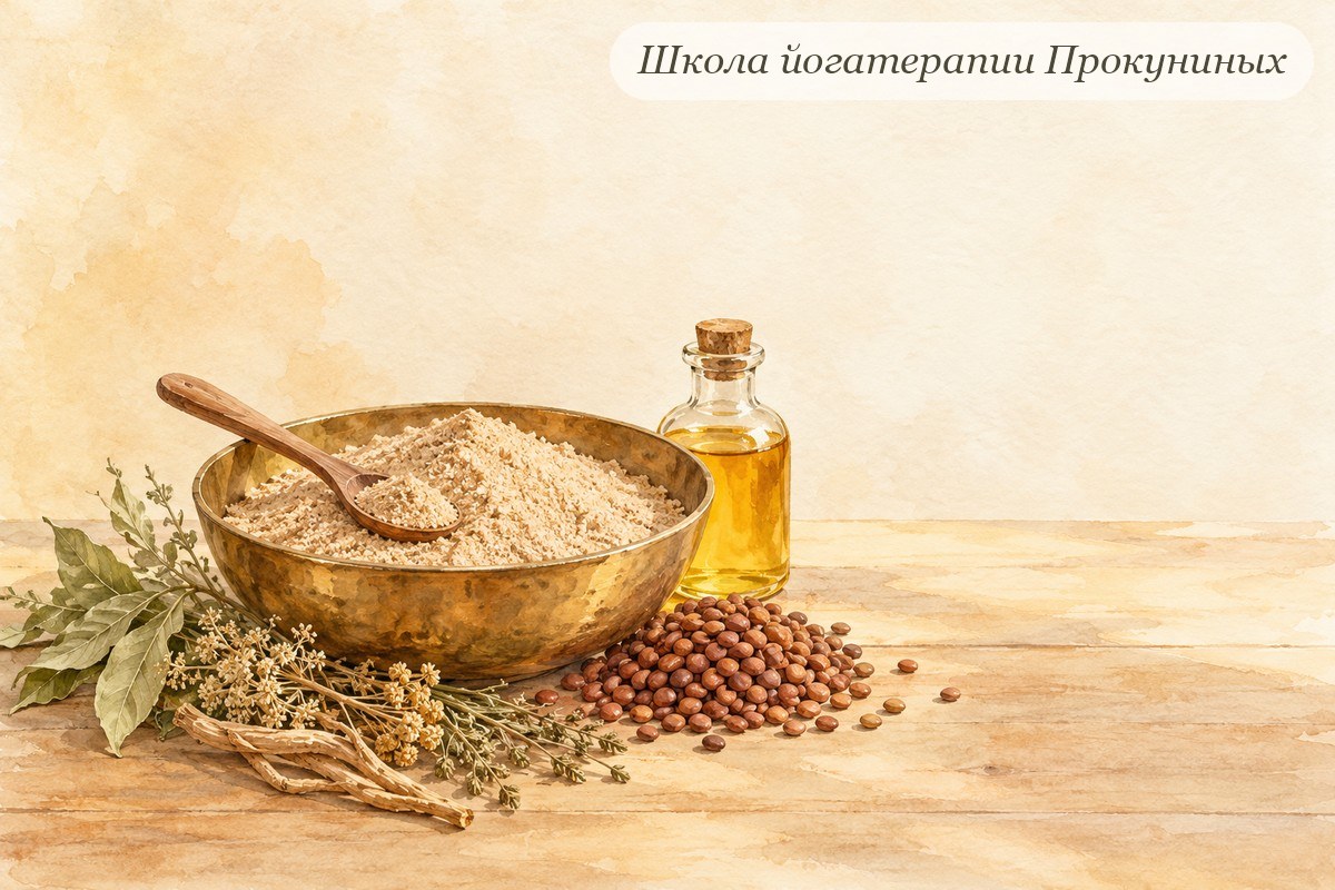 Акварель: латунная чаша с порошком из муки маша, бобы, травы и кунжутное масло