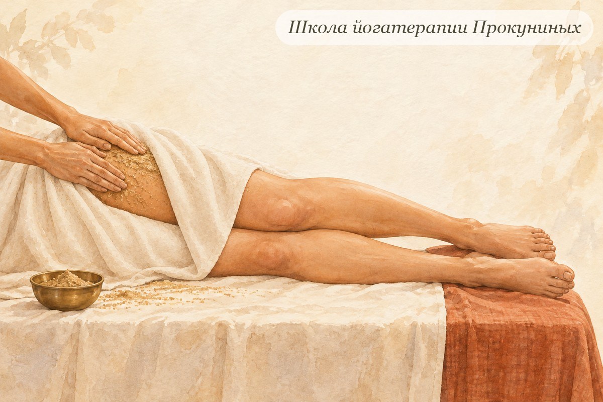 Акварель: женщина лежит на боку, руки массажиста втирают травяной порошок в бедро снизу вверх, от колена к тазу