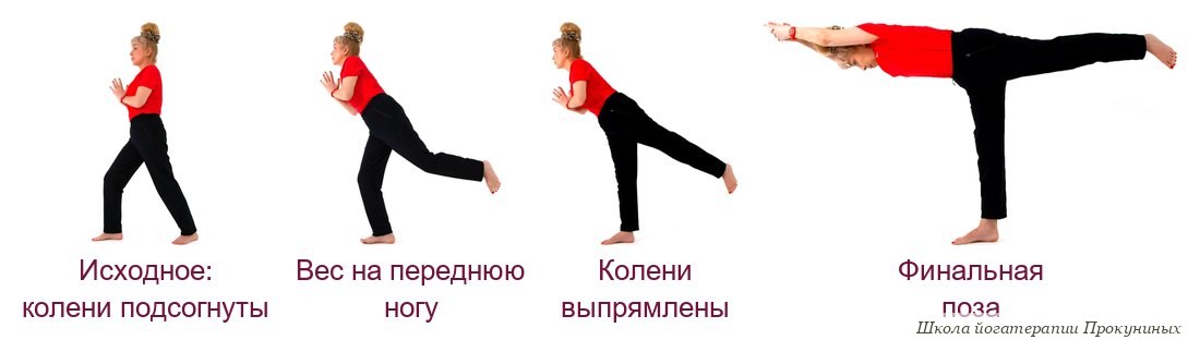 Вирабхадрасана 3 по шагам: исходное положение с подсогнутыми коленями, вес на переднюю ногу, колени выпрямлены, финальная поза